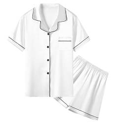 Umeyda Damen & Mädchen Satin Schlafanzug, weiche Seide Button Down Nachtwäsche 2-teiliges Pyjama-Set, Geschenke für Mama/Ehefrau, Muttertag, Weiss/opulenter Garten, XS von Umeyda