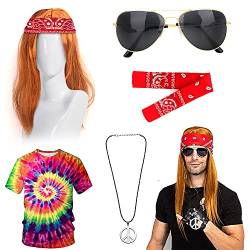 Umllpet Hippie Kostüm Herren, 60er 70er Hippie Accessories T-Shirt Perücke Brille Peace Halskette Stirnband,Jahre Outfit Hippie Kostüm Herren Damen für Fasching Karneval Fasching Maskerade Cosplay von Umllpet