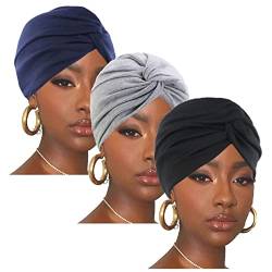 3er-Pack Turban Chemo Beanie, Kopfwickel Cap Baumwolle Indien Kopfbedeckung für Frauen Krebs Patienten, Schwarz & Grau & Marineblau von Unbekannt