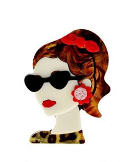 Brosche für Damen, mit Brille & Ohrringen, Rot., 6,5 x 4,5 cm, Acryl von Unbekannt
