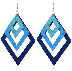 Bunte geometrische Rautenform Anhänger mehrere Farbverläufe Holz Ohrringe für Frauen, Blau von Unbekannt