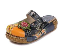 Damen Mokassins Slipper, Leder Sandalen Plattform Pantoffel Sommerschuhe Vintage Rückenfrei Clogs Bunte Blume Flache Schuhe Dicker Boden Strandschuhe (41, Blau) von Unbekannt