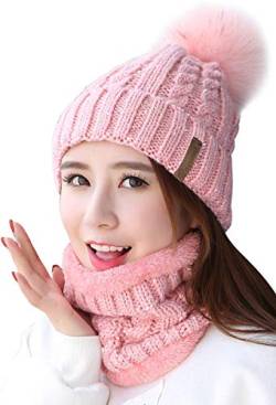 Damen Wintermütze , Weichem Innenfutter Strickmütze und Schal mit Fleecefutter,Winter Wärme Beanie Mütze Strickschal Set,Schlauchschal Hüte Mützen mit Kunstpelz Bommel Pom (Rosa) von Unbekannt