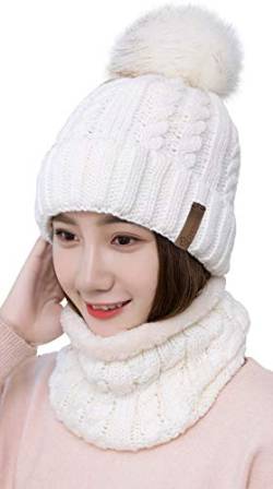 Damen Wintermütze Schal Set, Weichem Innenfutter Strickmütze und Schal mit Fleecefutter,Winter Wärme Beanie Mütze Strickschal Set,Schlauchschal Hüte Mützen mit Kunstpelz Bommel Pom (Weiß) von Unbekannt