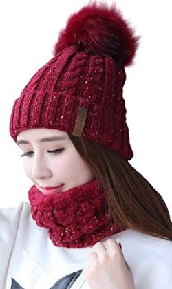 Damen Wintermütze Schal Set,Warm Weichem Innenfutter Strickmütze und Schal mit Fleecefutter,Winter Wärme Beanie Mütze Strickschal Set,Schlauchschal Hüte Mützen mit Kunstpelz Bommel Pom (Weinrot) von Unbekannt