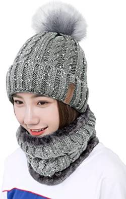 Damen Wintermütze Schal Set,Warm Weichem Innenfutter Strickmütze und Schal mit Fleecefutter,Winter Wärme Beanie Mütze Strickschal Set,Schlauchschal Hüte Mützen mit Kunstpelz Bommel Pom (Hellgrau) von Unbekannt