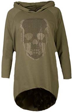 Fashion You Want Damen Totenkopf Pullover Glitzer Sweatshirt Pailletten Strass Stretch Oversize Shirt Langarm Shirt Hoodie vorne kurz hinten Lang Fishtail (Khaki, 40/42) von Unbekannt