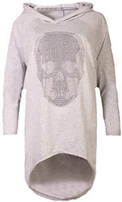 Fashion You Want Damen Totenkopf Pullover Glitzer Sweatshirt Pailletten Strass Stretch Oversize Shirt Langarm Shirt Hoodie vorne kurz hinten Lang Fishtail (grau, 40/42) von Unbekannt