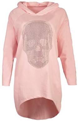 Fashion You Want Damen Totenkopf Pullover Glitzer Sweatshirt Pailletten Strass Stretch Oversize Shirt Langarm Shirt Hoodie vorne kurz hinten Lang Fishtail (pink, 38/40) von Unbekannt