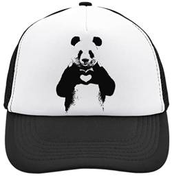 Niedlicher Panda zeigt ein Herz mit seinen Händen, Netzrücken, Trucker-Kappe, verstellbarer Snapback-Hut, gebürstete Baumwolle mit Schnalle, schwarz, Schwarz , Einheitsgröße von Unbekannt