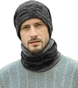 Unbekannt Herren Wintermütze Schal Set,Warm Strickmütze und Schal mit Fleecefutter,Winter Wärme Beanie Mütze Strickschal Set für Damen und Herren,Schlauchschal Hüte Mützen (Schwarz) von Unbekannt