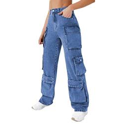 Unbekannt Jeggings Mädchen 158/164 Damen-Jeans im Multi-Bag-Stil mit hoher Taille und gerader Latzhose Coole Mädchen Klamotten 9 Jahre Weise Jeanshosen Herren (2-Blue, XL) von Unbekannt