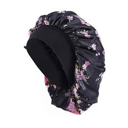 Unbekannt Satin Schlafmütze Damen Blumen Satin Bonnet Schlafhaube Seide Nachtmütze Bonnet Atmungsaktive Seide Schlafmütze Verstellbare Silk Bonnet Seidenhaube zum Schlafen Weiche Satin Haube Schwarz von Unbekannt