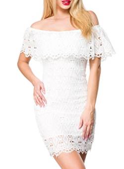 Unbekannt Weißes kurzes Kleid mit Carmenausschnitt und Spitze sowie angesetztem Volant Schulterfrei M von Unbekannt