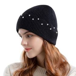 Wintermützen für Damen, gestrickt, warme Fleece-Mützen mit Perlen, Stirnband, Beanie, kaltes Wetter von Unbekannt