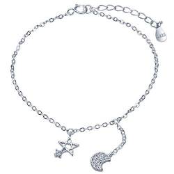 Unendlich U Elegant Damen Armband 925 Sterling Silber Zirkonia Stern Pentagramm Mond Armkette Verstellbar Charm Armkettchen Armreif, Silber von Unendlich U