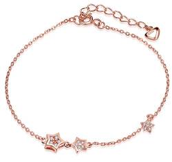 Unendlich U Elegant Doppel Sterne Herz Damen Charm-Armband 925 Sterling Silber Zirkonia Armkette Verstellbar Armkettchen, Rosegold von Unendlich U