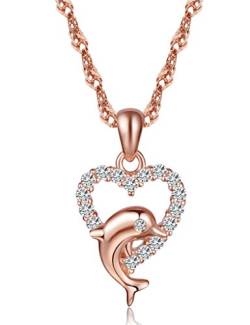 Unendlich U Elegant Herz Delfin Delphin Damen Halskette 925 Sterling Silber Zirkonia Anhänger Kette mit Herzanhänger, Rosegold von Unendlich U