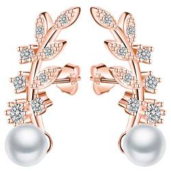 Unendlich U Fashion Blätter Damen Ohrstecker 925 Sterling Silber 5mm Perlen Zirkonia Ohrringe Pearls Earrings Rosegold von Unendlich U