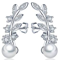 Unendlich U Fashion Blätter Damen Ohrstecker 925 Sterling Silber 5mm Perlen Zirkonia Ohrringe Pearls Earrings von Unendlich U