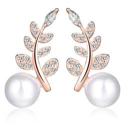 Unendlich U Fashion Blätter Damen Ohrstecker 925 Sterling Silber Zirkonia 6mm Perle Stecker Ohrringe Pearl Earrings, Rose Gold von Unendlich U