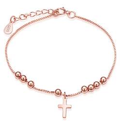 Unendlich U Fashion Damen Charm-Armband 925 Sterling Silber Kreuz Kugeln Beads Armkette Verstellbar Armkettchen Armreif, Rosegold von Unendlich U