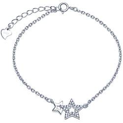 Unendlich U Fashion Doppel Sterne Damen Armband 925 Sterling Silber Zirkonia Armkette Verstellbar Charm Armkettchen Armreif, Silber von Unendlich U