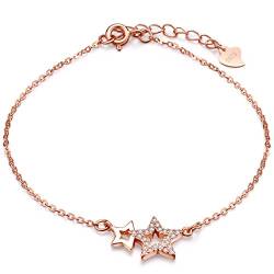 Unendlich U Fashion Doppel Sterne Damen Charm-Armband 925 Sterling Silber Zirkonia Armkette Verstellbar Armkettchen, Rosegold von Unendlich U