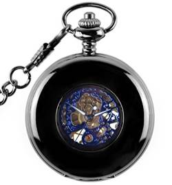 Unendlich U Fashion Polierte Retro Handaufzug Mechanische Taschenuhr Hohle Skelett Kettenuhr Pullover Halskette Schwarz Blau von Unendlich U