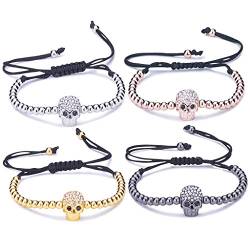 Unendlich U Fashion Schädel Totenkopf Damen Kinder Armband Geflochten Baumwollseil Legierung Zirkonia Kugeln Beads Verstellbar Armreifen, 4 Farbenoptionen(4 Stücke) von Unendlich U