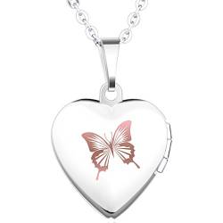 Unendlich U Fashion Schmetterling Eingraviert Öffenbares Herz Foto Medaillon Edelstahl Rosa Damen Mädchen Frauen Anhänger Halskette für Feiertag Geburtstag Gedenktag Jubiläum von Unendlich U