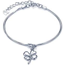 Unendlich U Glücklich Vierblättriges Kleeblatt Mädchen Charm-Armband 925 Sterling Silber Doppel Armkette Verstellbar Armkettchen, Silber von Unendlich U