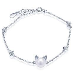 Unendlich U Niedlich Katze Kätzchen Damen Armband 925 Sterling Silber Zirkonia Perle Armkette Verstellbar Charm Armkettchen Armreif, Silber von Unendlich U