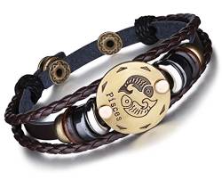 Unendlich U Punk Modisch 12 Sternbilder Sternzeichen Herren Damen Charm Armband Geflochten Leder Legierung Multilayer Braun Armreifen, Fische(Pisces) von Unendlich U