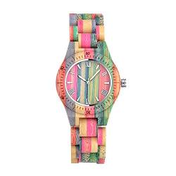 Unendlich U Regenbogen Holz Uhren Natürliche Hölzerne Uhren Für Damen Herren Casual Holzuhr Analog Kalender Quarzwerk Armbanduhr Buntenuhr mit Mischfarbe Bamboo Armband von Unendlich U