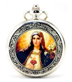 Unendlich U Retro Blessed Virgin Mary Silver Hohle Skeleton Mechanische Taschenuhr mit Pendant-Kette für Damen/Herren von Unendlich U