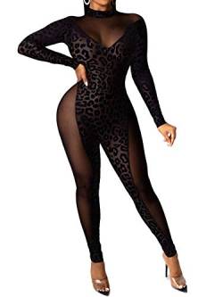 Uni Clau Frauen durchsichtiger Bodycon Jumpsuit – Einteiliger tiefer V-Ausschnitt Outfits durchscheinendes Mesh Leopard Clubwear Jumpsuit Strampler - Schwarz - Mittel von Uni Clau