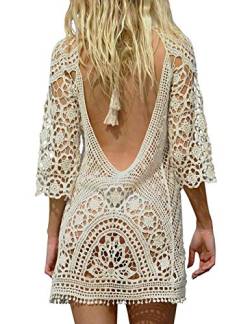 Uni-Wert Damen Bikini Cover Up Sexy Boho Rückenfrei Spitze Strandkleid Strandponcho Sommerkleider Beige von Uni-Wert