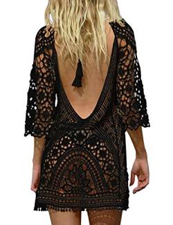 Uni-Wert Damen Bikini Cover Up Sexy Boho Rückenfrei Spitze Strandkleid Strandponcho Sommerkleider Schwarz von Uni-Wert