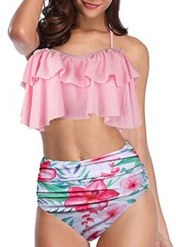 Uni-Wert Damen Bikini Set High Waist Badeanzug Bauchweg Vintage Hohe Taille Bikini Neckholder Floral Rüschen Bademode Zweiteilig Badeanzüge von Uni-Wert