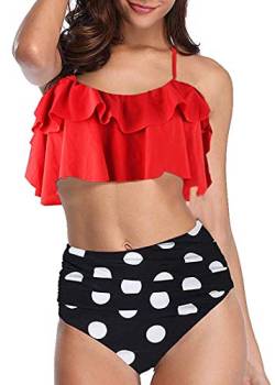 Uni-Wert Damen Bikini Set High Waist Badeanzug Bauchweg Vintage Hohe Taille Bikini Neckholder Rüschen Bademode Zweiteilig Badeanzüge von Uni-Wert