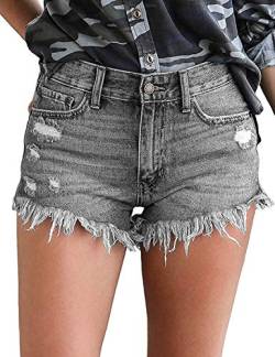 Uni-Wert Damen Jeansshorts Basic in Aged-Waschung Jeans Bermuda-Shorts High Waist Denim Kurze Hose Sommer Mode Destroyed Loch Hotpants Quaste Jeans Shorts Grau L von Uni-Wert