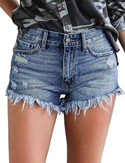 Uni-Wert Damen Jeansshorts Basic in Aged-Waschung Jeans Bermuda-Shorts High Waist Denim Kurze Hose Sommer Mode Destroyed Loch Hotpants Quaste Jeans Shorts Hellblau M von Uni-Wert