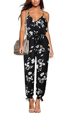 Uni-Wert Damen Jumpsuit Sommer Lang Elegant V Ausschnitt à„rmellos Playsuit Frauen Blumen Hosenanzug Romper Overall, Schwarz - Blume, M von Uni-Wert