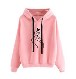 Uni-Wert Damen Kapuzenpullover Langarm Hoodie Pullover Finger Herz Drucken Sweatshirt mit Kapuze Casual Frauen Streetwear Kapuzenpulli von Uni-Wert