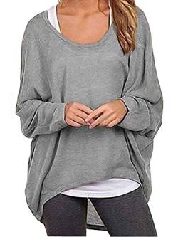 Uni-Wert Damen Pullover Lose Asymmetrisch Sweatshirt Pulli Langarm O-Ausschnitt Bluse Oberteile Oversized Tops T-Shirt M Grau von Uni-Wert