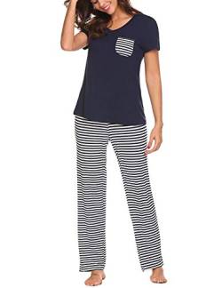 Uni-Wert Damen Schlafanzug Zweiteilig Nachtwäsche Frauen Pyjama Set T-Shirt + Hose Lang,Marineblau - Lang,L von Uni-Wert