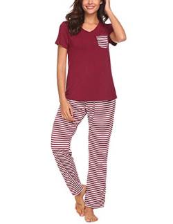 Uni-Wert Damen Schlafanzug Zweiteilig Nachtwäsche Frauen Pyjama Set T-Shirt + Hose Lang weinrot Gr.S von Uni-Wert