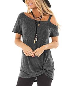 Uni-Wert Damen T-Shirt Sommer Kurzarm Casual Lose Oberteile Schulterfrei Einfarbig Asymmetrisch Bluse Tunika Tops Shirts von Uni-Wert