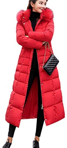 Uni-Wert Damen Winterjacke Lange Daunenjacke Warm Parka Jacke mit Fellkapuze Steppjacke Wintermantel Casual Daunenmantel Rot S von Uni-Wert